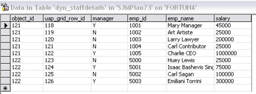 Tabelle mit Spalten für object_id, uap_grid_row_id, manager, emp_id, emp_name und salary