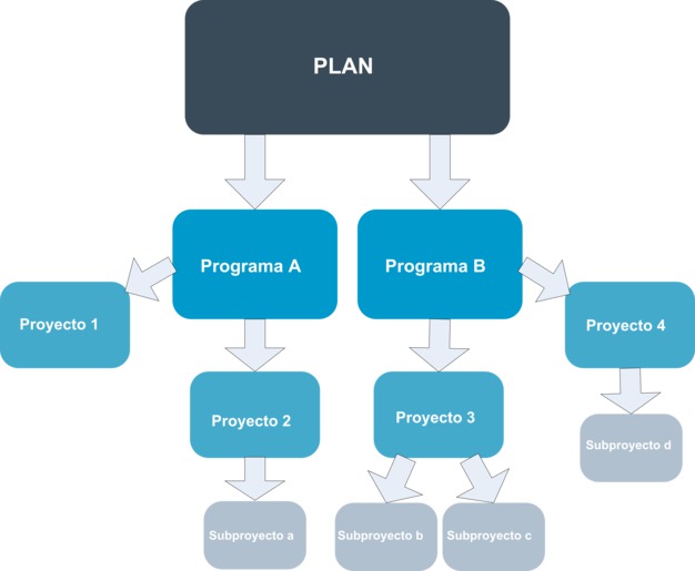 Imagen de la jerarquía de un plan a programas a proyectos y subproyectos