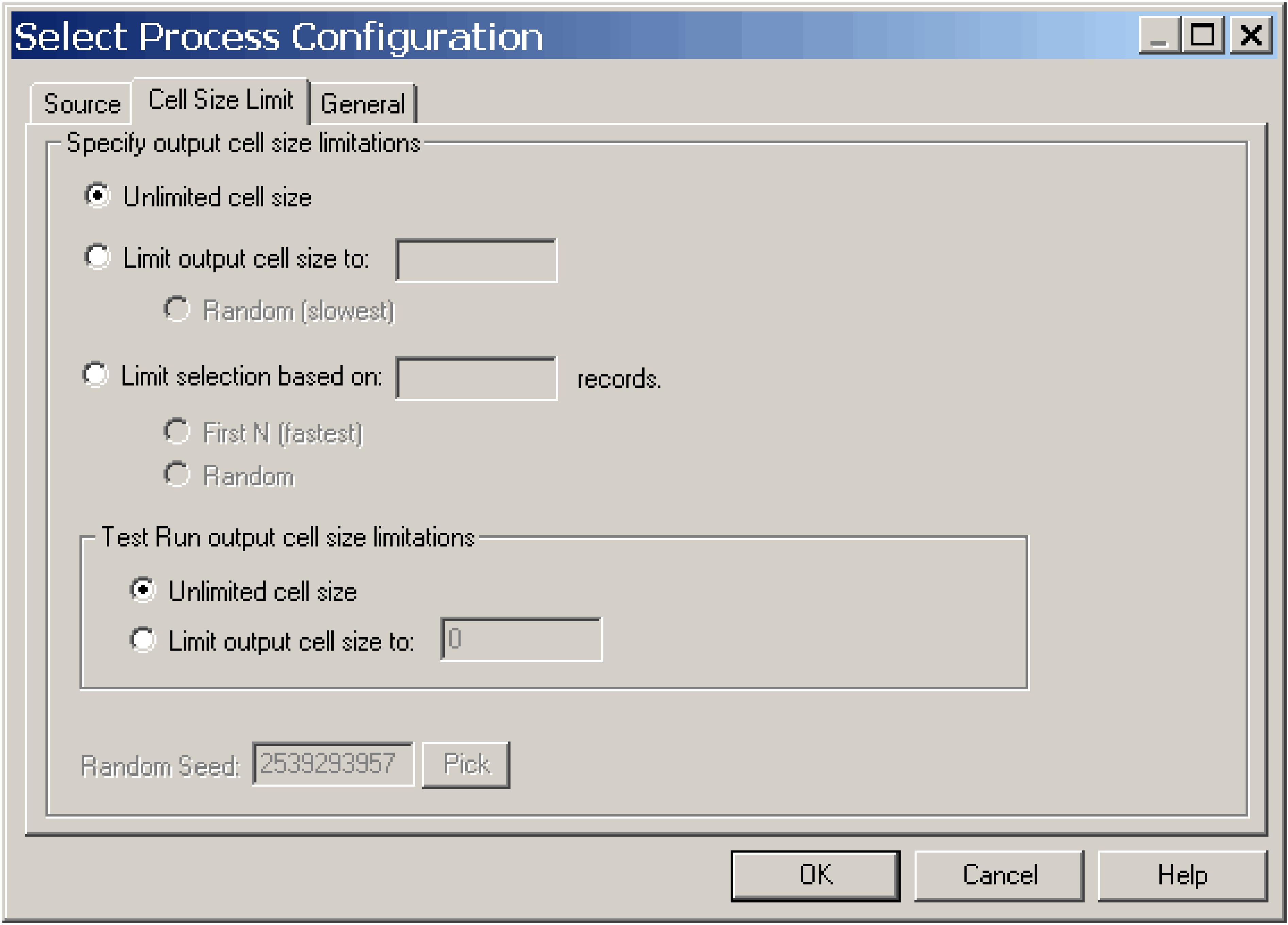 Cell Size Limit tab