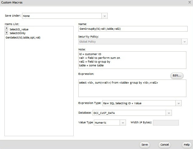 ID と値を選択する未加工 SQL を使用するカスタム・マクロ