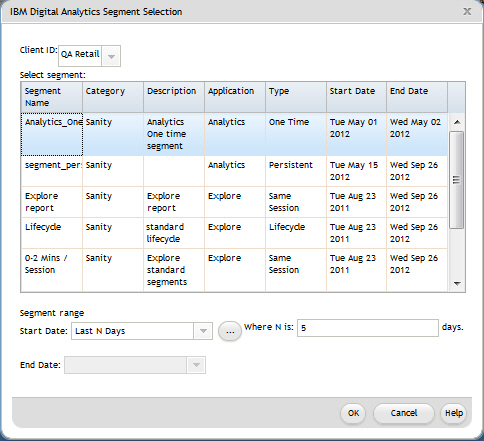 「 IBM Digital Analytics セグメントの選択 (IBM Coremetrics Segment Selection)」ダイアログ