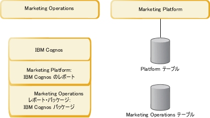レポートのインストール、Marketing Platform テーブル、Marketing Operations テーブルが別々に示されているイメージ